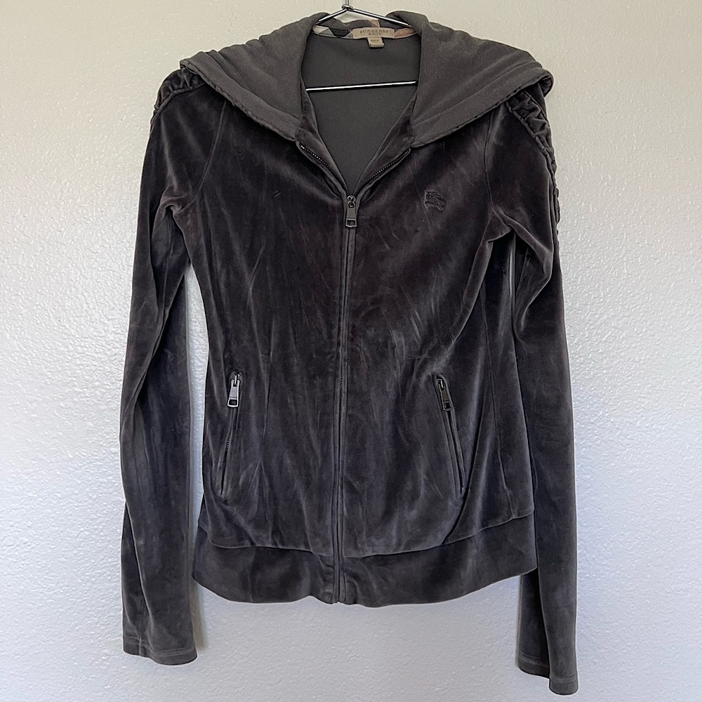 BURBERRY BRIT Y2K Velour Sweatshirt Zipper Hoodie in Gray SZ S